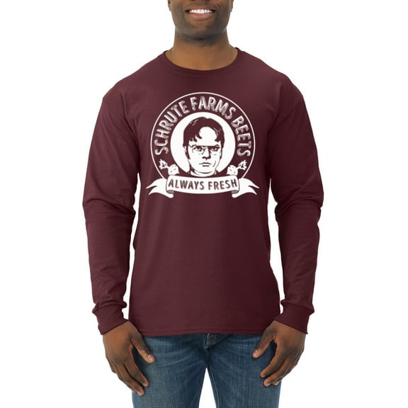 Wild Bobby, Office Schrute Farms Beets Always Fresh, Pop Culture, Men Long Sleeve Shirt, Maroon, Small