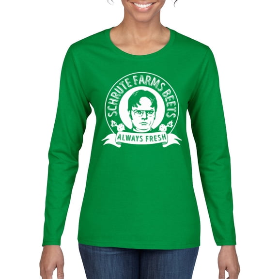 Wild Bobby, Office Schrute Farms Beets Always Fresh, Pop Culture, Women Graphic Long Sleeve Tee, Kelly, XX-Large