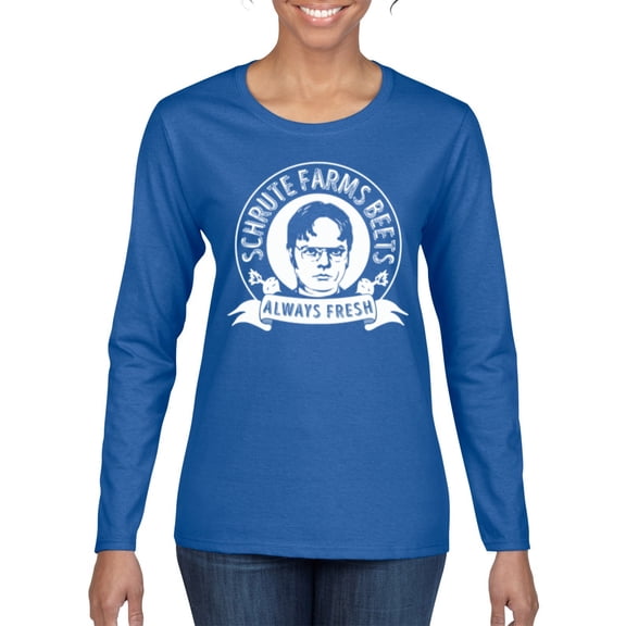 Wild Bobby, Office Schrute Farms Beets Always Fresh, Pop Culture, Women Graphic Long Sleeve Tee, Royal, X-Large