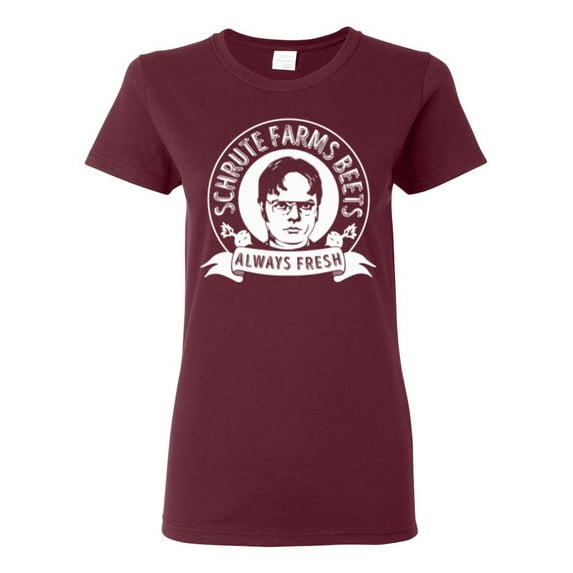 Wild Bobby, Office Schrute Farms Beets Always Fresh, Pop Culture, Women Graphic Tee, Maroon, Large