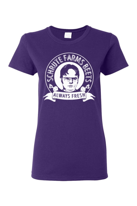 , Office Schrute Farms Beets Always Fresh, Pop Culture, Women Graphic Tee, Purple, Medium