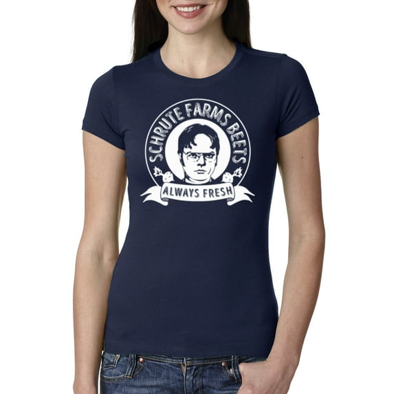 Wild Bobby, Office Schrute Farms Beets Always Fresh, Pop Culture, Women Slim Fit Junior Tee, Navy, Large