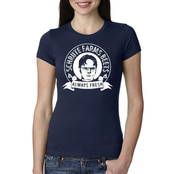 Wild Bobby, Office Schrute Farms Beets Always Fresh, Pop Culture, Women Slim Fit Junior Tee, Navy, XX-Large