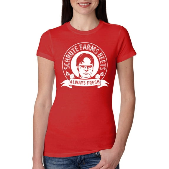 Wild Bobby, Office Schrute Farms Beets Always Fresh, Pop Culture, Women Slim Fit Junior Tee, Red, X-Large