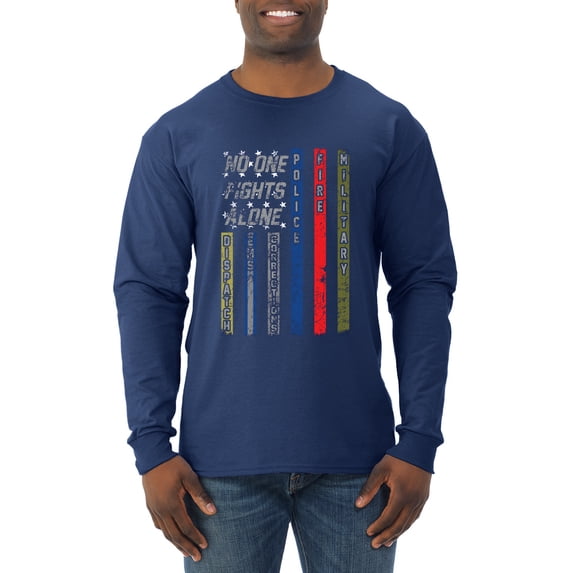 Wild Bobby, No One Fights Alone First Responder Dispatcher EMS Corrections Police Fire Military Unity, Pop Culture, Men Long Sleeve Shirt, Navy, Medium