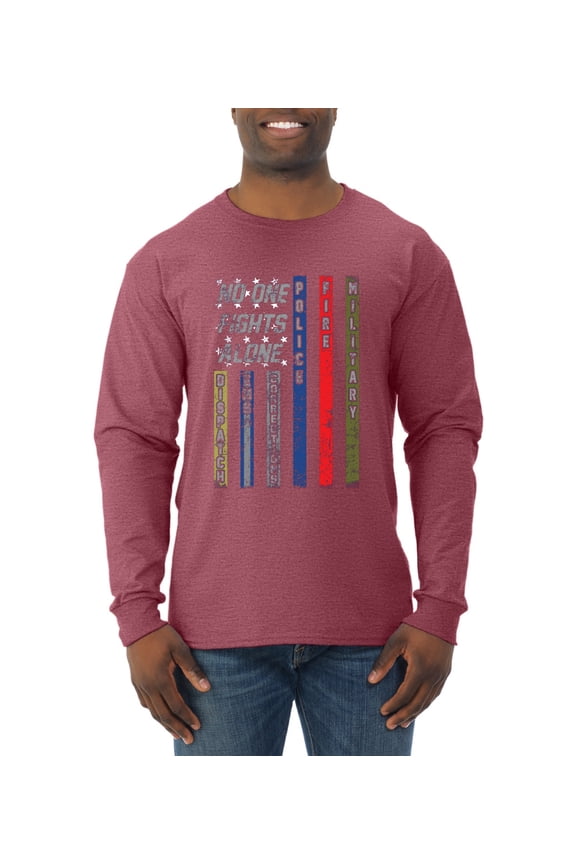 , No One Fights Alone First Responder Dispatcher EMS Corrections Police Fire Military Unity, Pop Culture, Men Long Sleeve Shirt, Vintage Heather Red, Large