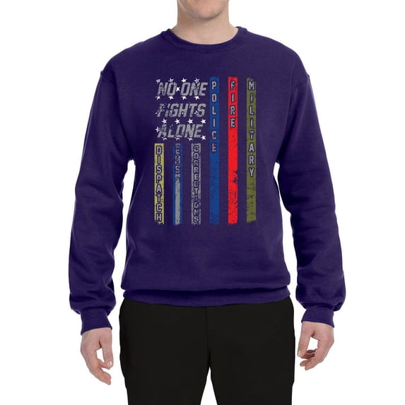 Wild Bobby, No One Fights Alone First Responder Dispatcher EMS Corrections Police Fire Military Unity, Pop Culture, Unisex Crewneck Graphic Sweatshirt, Purple, X-Large