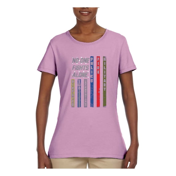 Wild Bobby, No One Fights Alone First Responder Dispatcher EMS Corrections Police Fire Military Unity, Pop Culture, Women Graphic Tee, Light Pink, X-Large