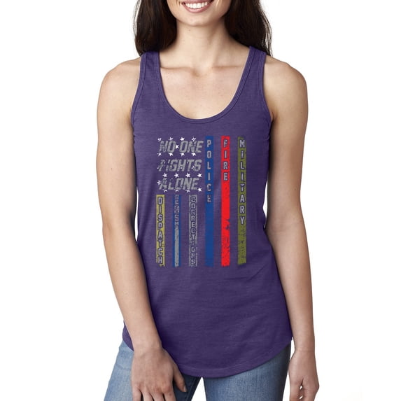 Wild Bobby, No One Fights Alone First Responder Dispatcher EMS Corrections Police Fire Military Unity, Pop Culture, Women Racerback Tank Top, Purple Rush, Medium