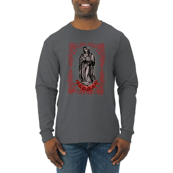 Wild Bobby, Our Lady of Guadalupe Blessed Virgin Mary Religious, Inspirational/Christian, Men Long Sleeve Shirt, Charcoal, Large