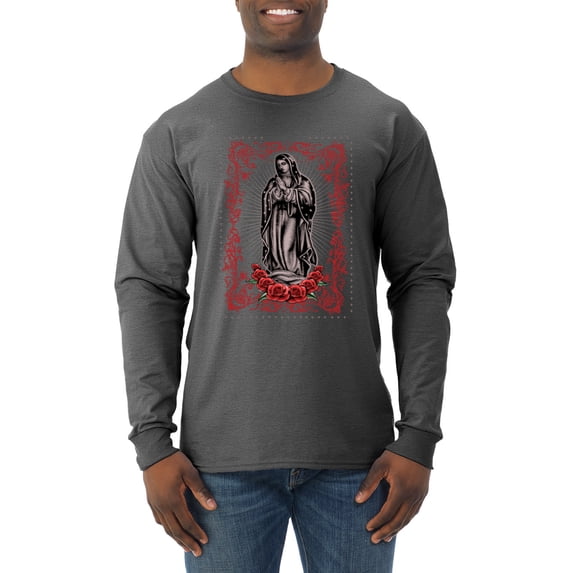 Wild Bobby, Our Lady of Guadalupe Blessed Virgin Mary Religious, Inspirational/Christian, Men Long Sleeve Shirt, Heather Black, Medium
