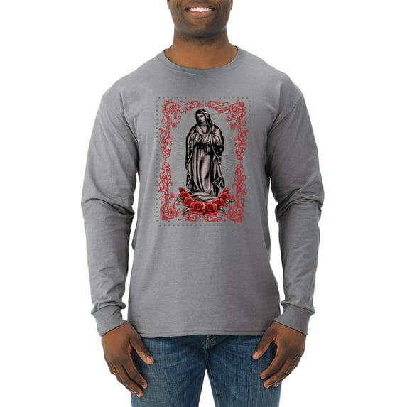 Wild Bobby, Our Lady of Guadalupe Blessed Virgin Mary Religious, Inspirational/Christian, Men Long Sleeve Shirt, Heather Grey, X-Large