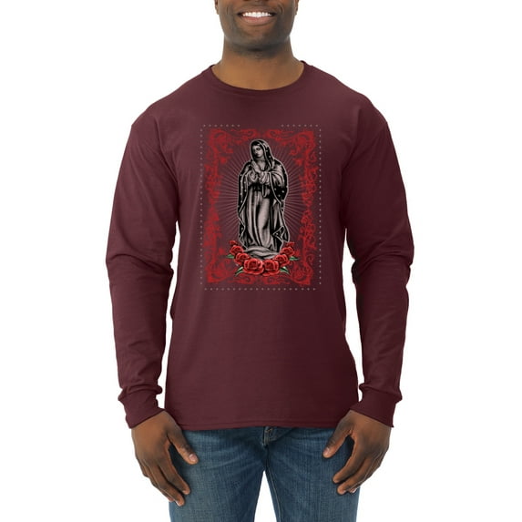 Wild Bobby, Our Lady of Guadalupe Blessed Virgin Mary Religious, Inspirational/Christian, Men Long Sleeve Shirt, Maroon, Small