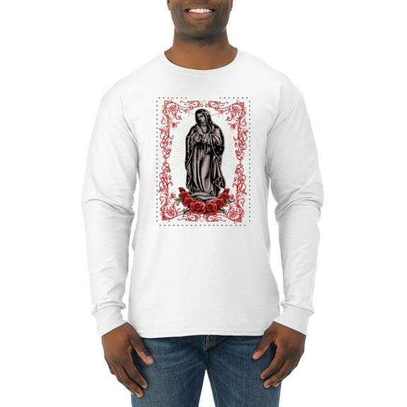 Wild Bobby, Our Lady of Guadalupe Blessed Virgin Mary Religious, Inspirational/Christian, Men Long Sleeve Shirt, White, 2XL