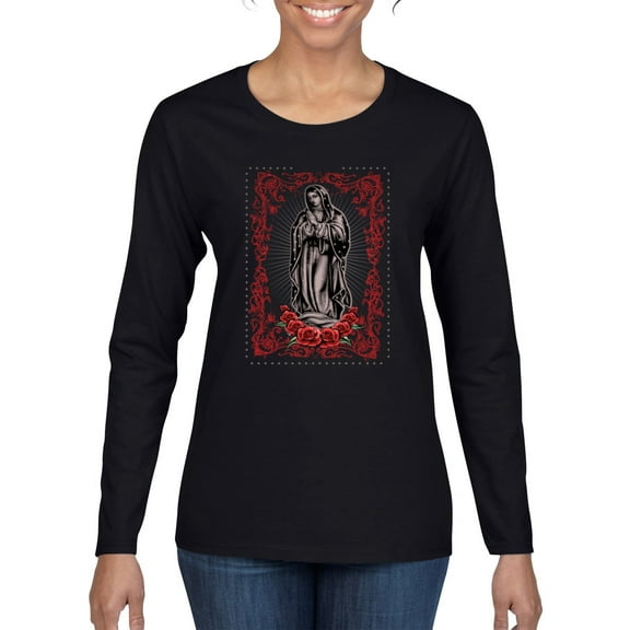 Wild Bobby, Our Lady of Guadalupe Blessed Virgin Mary Religious, Inspirational/Christian, Women Graphic Long Sleeve Tee, Black, 2XL