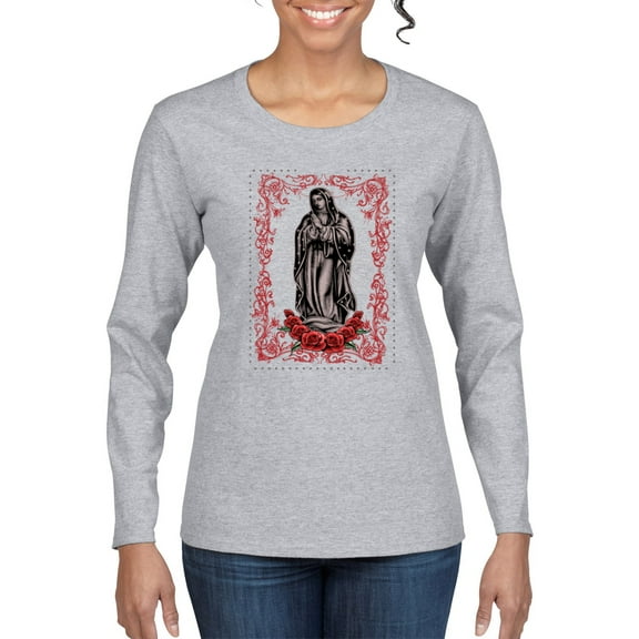 Wild Bobby, Our Lady of Guadalupe Blessed Virgin Mary Religious, Inspirational/Christian, Women Graphic Long Sleeve Tee, Heather Grey, Large