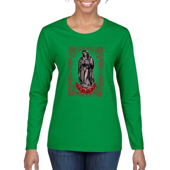 Wild Bobby, Our Lady of Guadalupe Blessed Virgin Mary Religious, Inspirational/Christian, Women Graphic Long Sleeve Tee, Kelly, X-Large