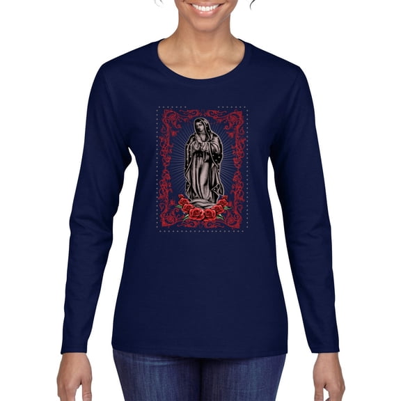 Wild Bobby, Our Lady of Guadalupe Blessed Virgin Mary Religious, Inspirational/Christian, Women Graphic Long Sleeve Tee, Navy, Medium