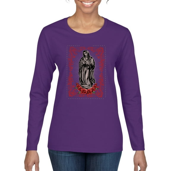 Wild Bobby, Our Lady of Guadalupe Blessed Virgin Mary Religious, Inspirational/Christian, Women Graphic Long Sleeve Tee, Purple, Large