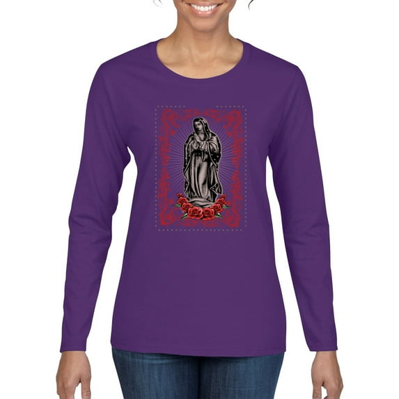 Wild Bobby, Our Lady of Guadalupe Blessed Virgin Mary Religious, Inspirational/Christian, Women Graphic Long Sleeve Tee, Purple, Small