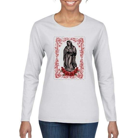 Wild Bobby, Our Lady of Guadalupe Blessed Virgin Mary Religious, Inspirational/Christian, Women Graphic Long Sleeve Tee, White, Medium