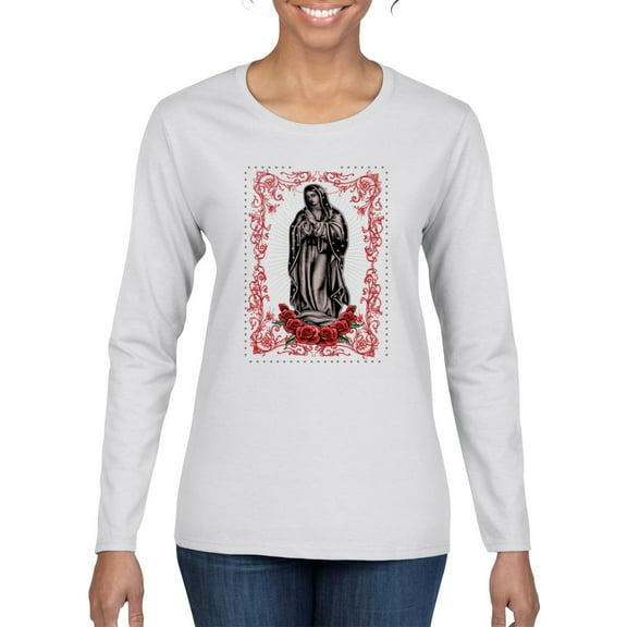 Wild Bobby, Our Lady of Guadalupe Blessed Virgin Mary Religious, Inspirational/Christian, Women Graphic Long Sleeve Tee, White, Medium