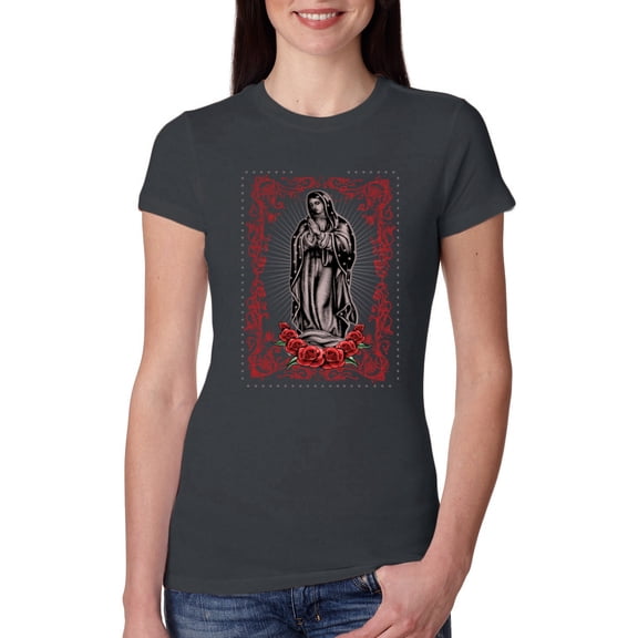 Wild Bobby, Our Lady of Guadalupe Blessed Virgin Mary Religious, Inspirational/Christian, Women Slim Fit Junior Tee, Dark Grey, Small