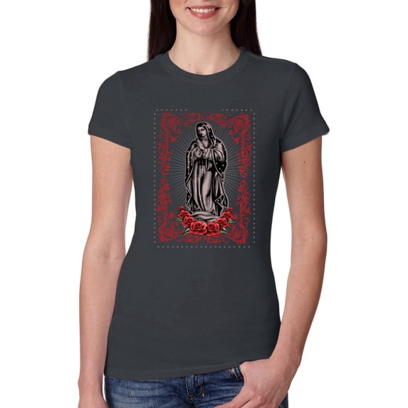 Wild Bobby, Our Lady of Guadalupe Blessed Virgin Mary Religious, Inspirational/Christian, Women Slim Fit Junior Tee, Dark Grey, Small