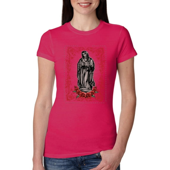 Wild Bobby, Our Lady of Guadalupe Blessed Virgin Mary Religious, Inspirational/Christian, Women Slim Fit Junior Tee, Raspberry, Small