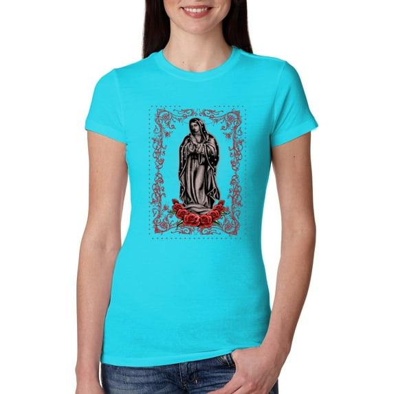 Wild Bobby, Our Lady of Guadalupe Blessed Virgin Mary Religious, Inspirational/Christian, Women Slim Fit Junior Tee, Tahiti Blue, X-Large