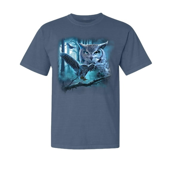 Wild Bobby, Owl Flying at Night In Front of the Moon, Animal Lover, Garment-Dyed Washed Look Short Sleeve T-Shirt, Navy, 2XL