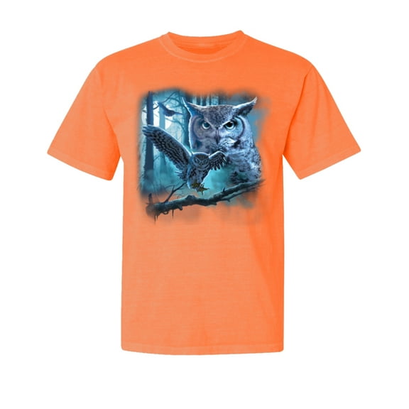 Wild Bobby, Owl Flying at Night In Front of the Moon, Animal Lover, Garment-Dyed Washed Look Short Sleeve T-Shirt, Neon Orange, Small