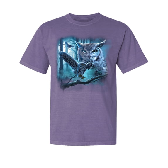 Wild Bobby, Owl Flying at Night In Front of the Moon, Animal Lover, Garment-Dyed Washed Look Short Sleeve T-Shirt, Purple, X-Large