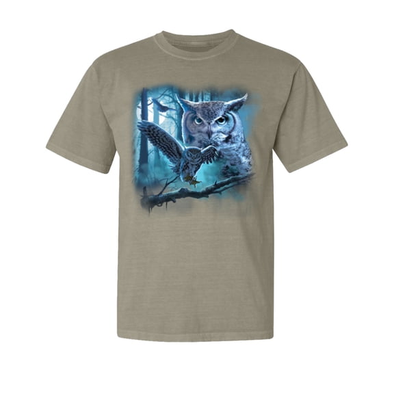 Wild Bobby, Owl Flying at Night In Front of the Moon, Animal Lover, Garment-Dyed Washed Look Short Sleeve T-Shirt, Sand, Medium