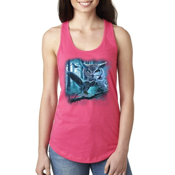 Wild Bobby, Owl Flying at Nihght In Front of the Moon Animal Lover Ladies Racerback Tank Top, Hot Pink, Medium