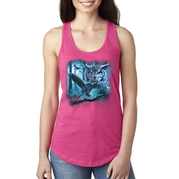 Wild Bobby, Owl Flying at Nihght In Front of the Moon Animal Lover Ladies Racerback Tank Top, Raspberry, Large
