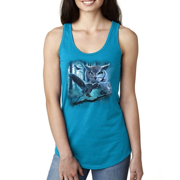 Wild Bobby, Owl Flying at Nihght In Front of the Moon Animal Lover Ladies Racerback Tank Top, Turquoise, Large