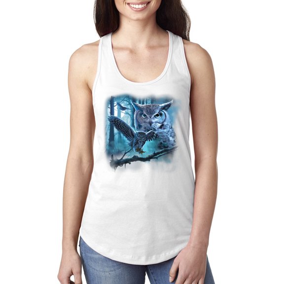 Wild Bobby, Owl Flying at Nihght In Front of the Moon Animal Lover Ladies Racerback Tank Top, White, X-Large