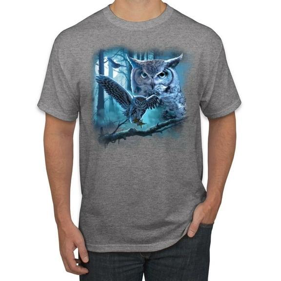 Wild Bobby, Owl Flying at Nihght In Front of the Moon Animal Lover Men's Graphic T-Shirt, Heather Grey, Large