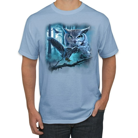 Wild Bobby, Owl Flying at Nihght In Front of the Moon Animal Lover Men's Graphic T-Shirt, Light Blue, 2XL