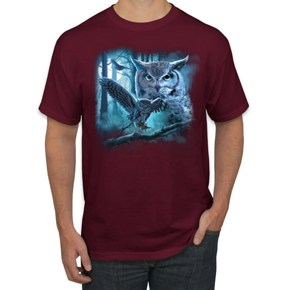 Wild Bobby, Owl Flying at Nihght In Front of the Moon Animal Lover Men's Graphic T-Shirt, Maroon, 3XL