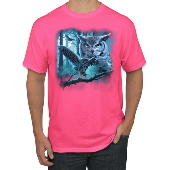 Wild Bobby, Owl Flying at Nihght In Front of the Moon Animal Lover Men's Graphic T-Shirt, Neon Pink, 5XL