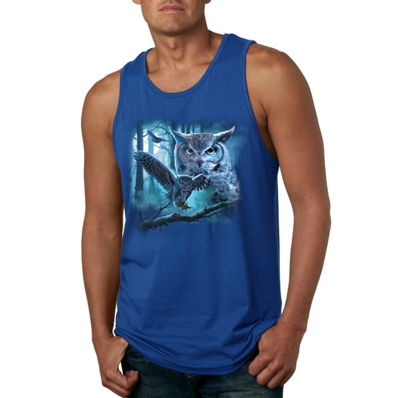 Wild Bobby, Owl Flying at Nihght In Front of the Moon Animal Lover Mens Graphic Tank Top, Royal, X-Large