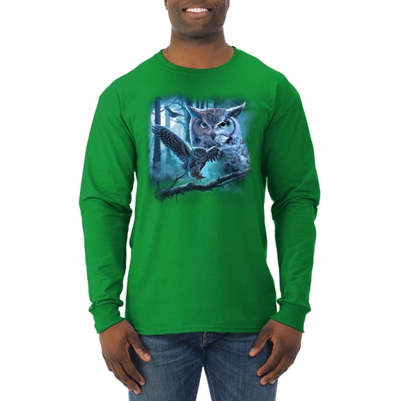 Wild Bobby, Owl Flying at Nihght In Front of the Moon Animal Lover Mens Long Sleeve Shirt, Kelly, Large