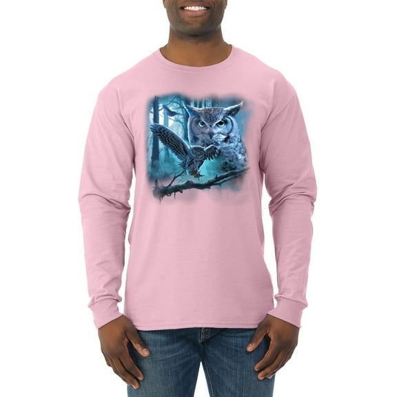 Wild Bobby, Owl Flying at Nihght In Front of the Moon Animal Lover Mens Long Sleeve Shirt, Light Pink, Small