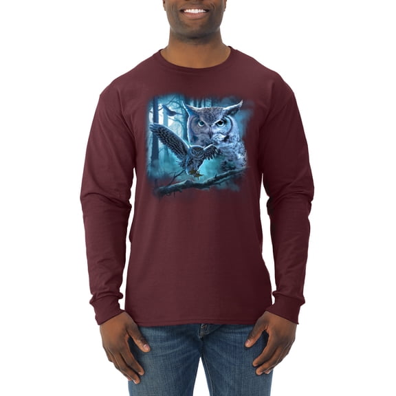 Wild Bobby, Owl Flying at Nihght In Front of the Moon Animal Lover Mens Long Sleeve Shirt, Maroon, Large