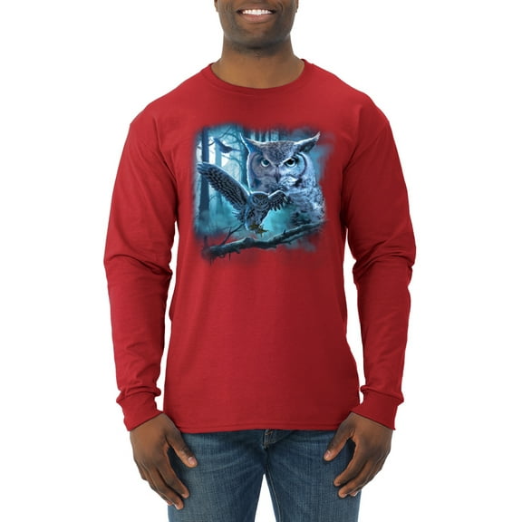 Wild Bobby, Owl Flying at Nihght In Front of the Moon Animal Lover Mens Long Sleeve Shirt, Red, 2XL