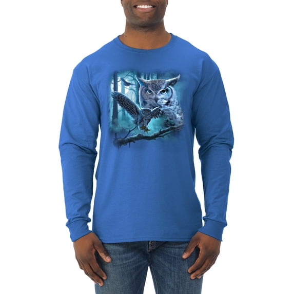 Wild Bobby, Owl Flying at Nihght In Front of the Moon Animal Lover Mens Long Sleeve Shirt, Royal, Small