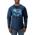 thumbnail image 1 of Wild Bobby, Owl Flying at Nihght In Front of the Moon Animal Lover Mens Long Sleeve Shirt, Vintage Heather Navy, Medium, 1 of 3