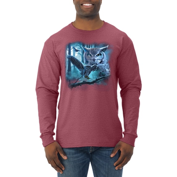 Wild Bobby, Owl Flying at Nihght In Front of the Moon Animal Lover Mens Long Sleeve Shirt, Vintage Heather Red, X-Large